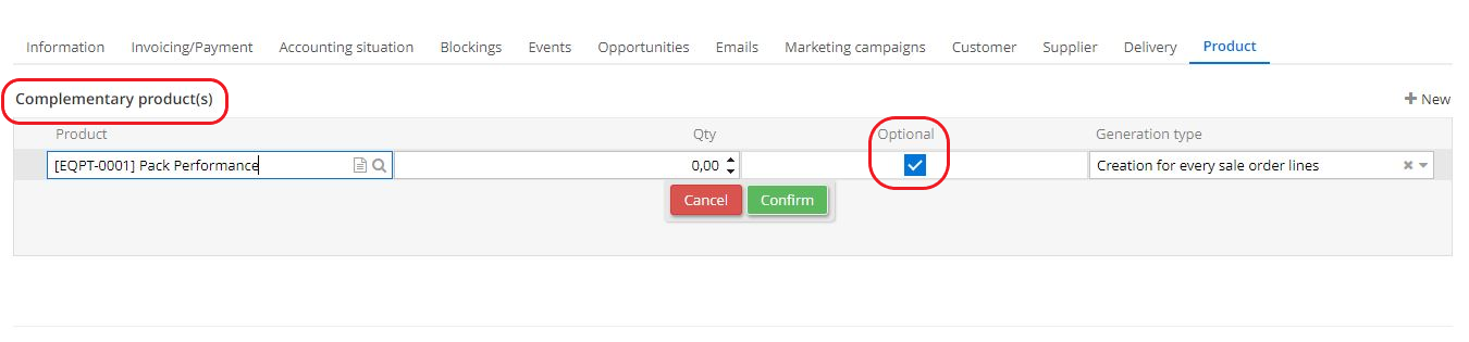 1.2 Once the Manage partner complementary product option has been activated, it becomes available on a partner file. Add lines of complementary products if necessary. Tick the box Optional if it's an optional product